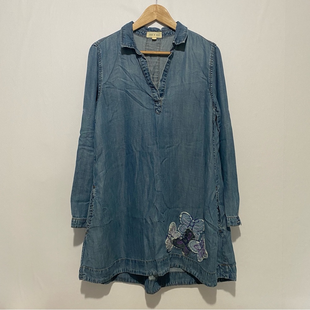 Cloth &‎ Stone Women's Chambray Blue Tunic Shirt Dress M  Butterfly Patch